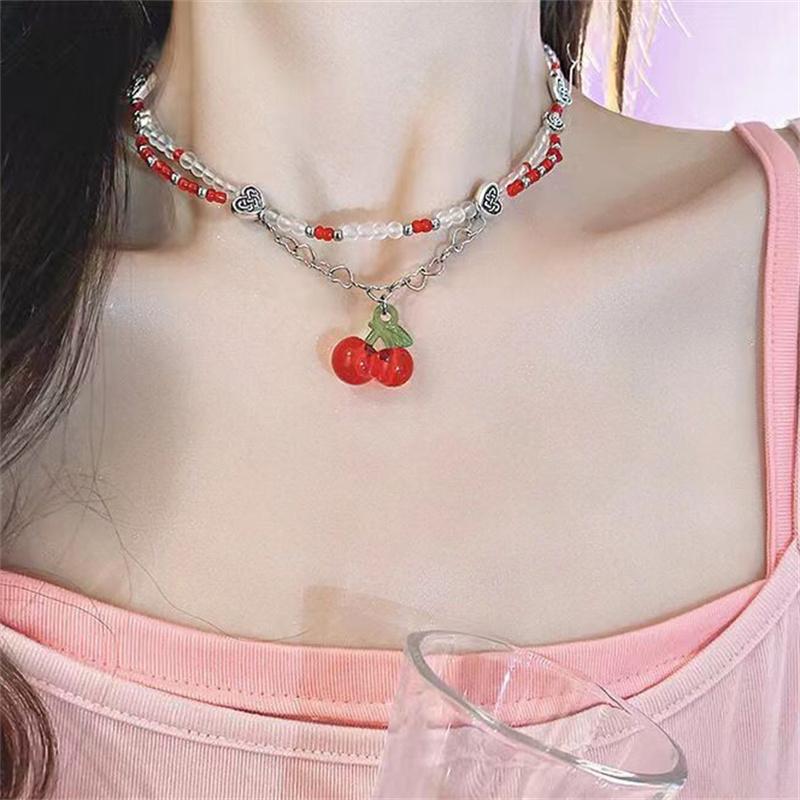 Y2K Red Cherry Heart Beaded Choker Women Boho Layered Bead Cherry Pendant Necklace Vintage  Jewelry