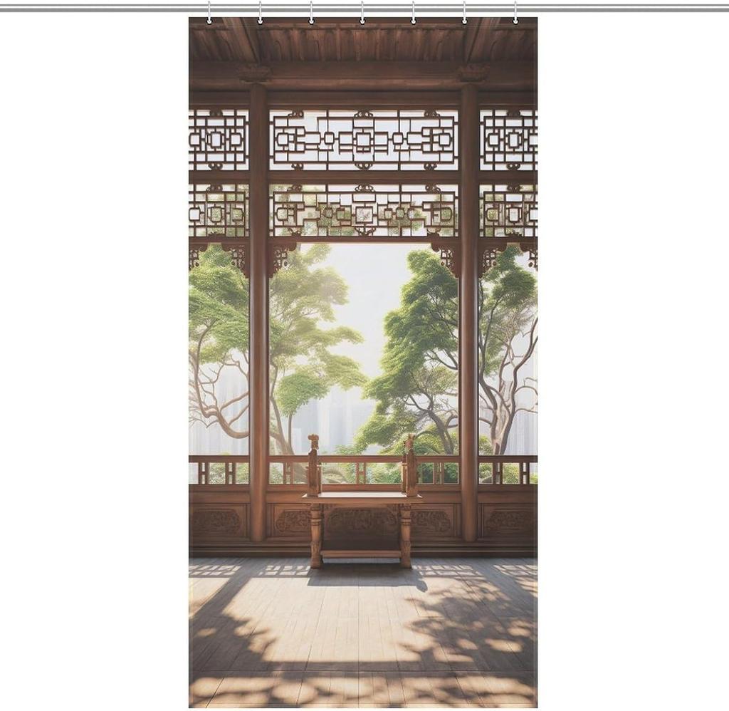 Chinese retro shower curtain, Japanese landscape shower curtain, waterproof polyester fiber shower curtain, customizable