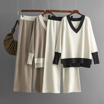 Women's Fashion Casual Outfit 2024 Fall Winter - New V-Neck Color Block Knit Sweater Loose Wide Leg Pants Two-Piece Set