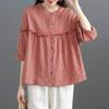 Mode Locker Knopf Gespleißt Falten Rüschen Gitter Bluse Damenbekleidung Sommer Lässig Pullover Laternenärmel Hemd