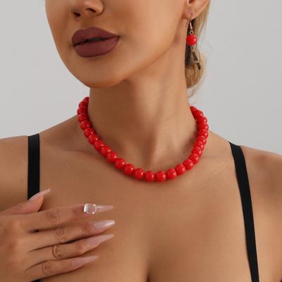 Exaggerated Red Acrylic Beaded Necklace for Women, Fashionable Geometric Round Bead Collar Collarbone Chain