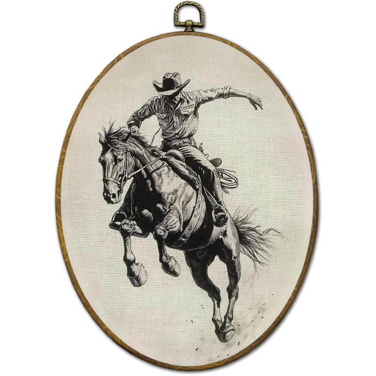 QZQE Vintage Western Cowboy Oval Wall Art Decor Framed, Rustic Country Cowboy Rodeo Oval Canvas Prints, Retro Western Horse Wall Hanging Decor for