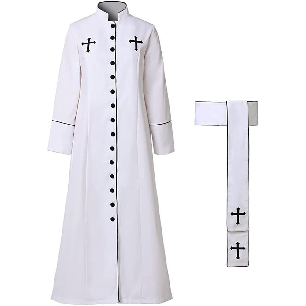 Women's Priest Robe With Stand Collar Roman Cassock Belt Street Style White/black Xs-5xl