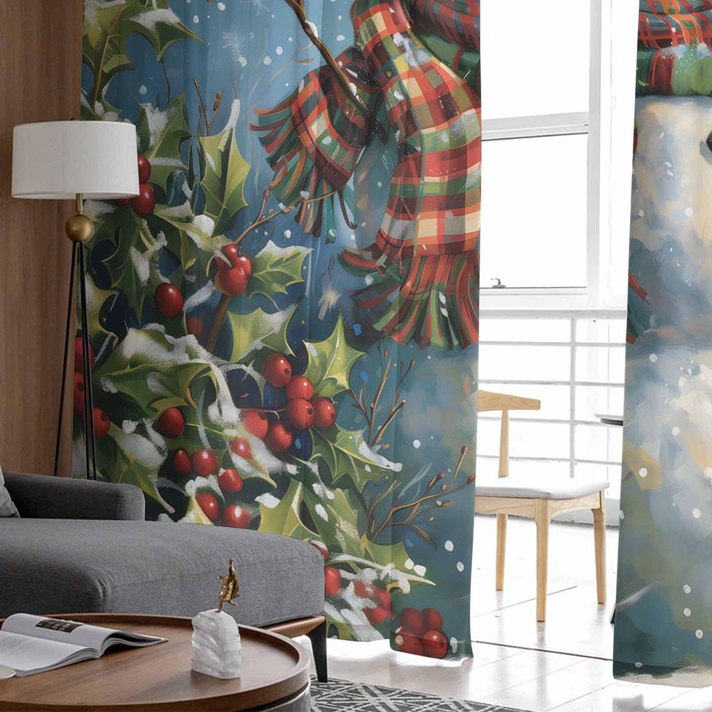 Weihnachten Schneemann Pflanze Rote Frucht Vogel Vorhänge für Wohnzimmer Schlafzimmer Heimdekoration Fenster Voile Tüll Vorhang Drapes
