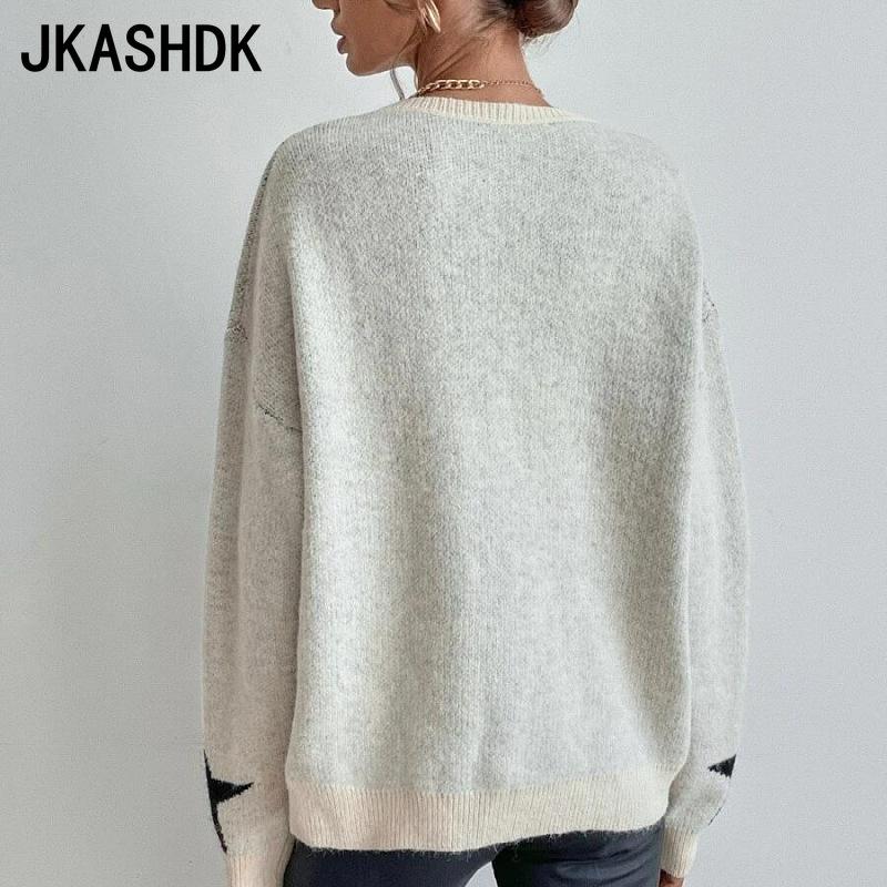 JKASHDK Damenmode Casual Pentagram Print Herbst Winter Langarm O-Ausschnitt Pullover