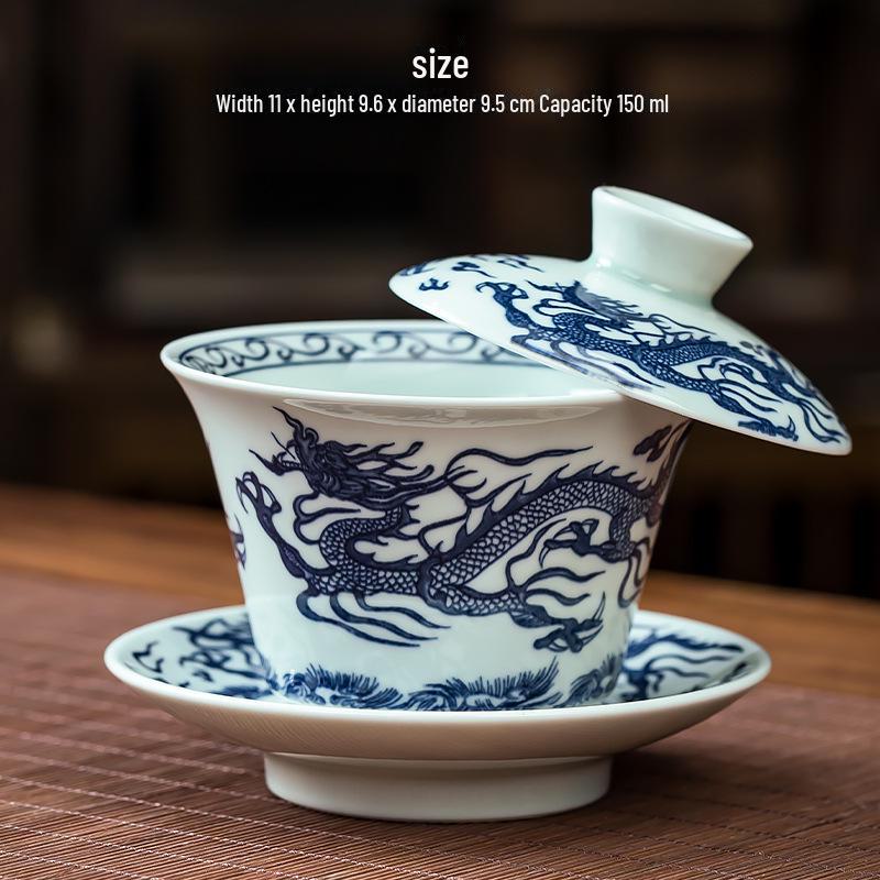 Blue & White Porcelain Covered Kung Fu Tea Bowl - Large Ceramic Sancai Household Set