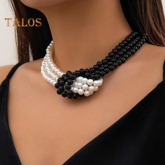 Women Necklace Smooth Multi-layered Faux Pearl Adjustable Length Stainless Alloy Neck Decoration Jewelry Birthday Gift Party Prom Choker Necklace