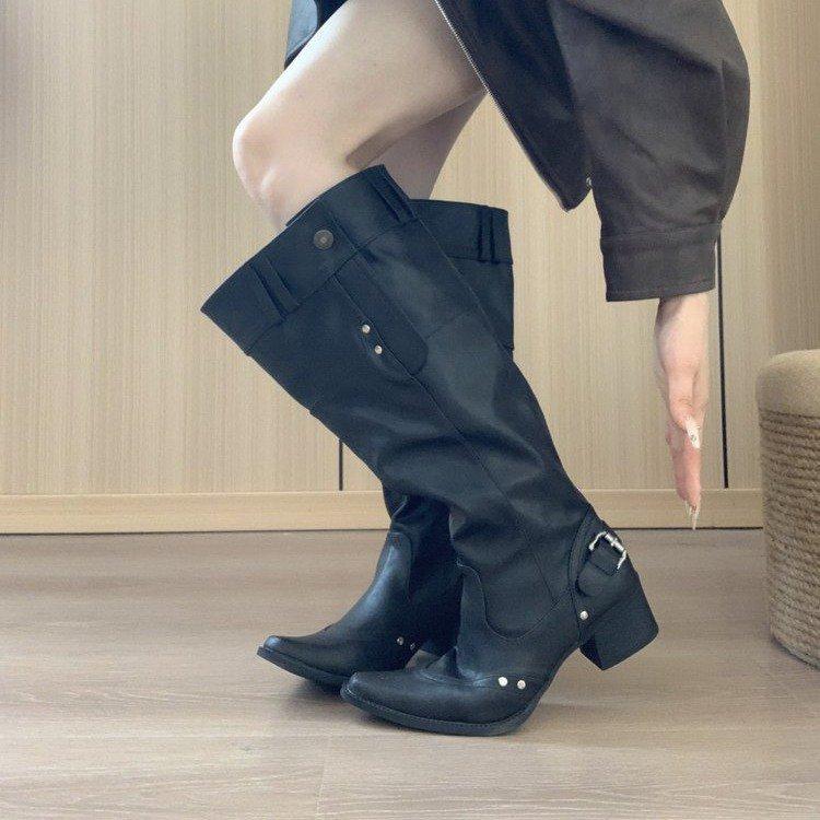 But knee boots women's 2025 autumn and winter khaki suede pointed boots children thick heel thin pleated piled boots