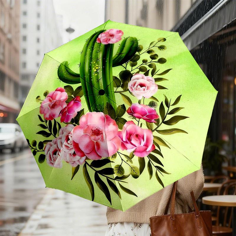 1pc Cactus Flowers Automatic Folding Umbrella, Heavy Duty 8 Rib Iron Frame,  Suitable for Travel, Daily Use, Birthday, Decor Gift M0104049
