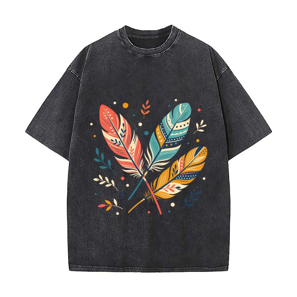 Boho Feather Breeze Minimal Print Ar Retro Washed Distressed T Shirt Men Summer Casual Short Sleeve