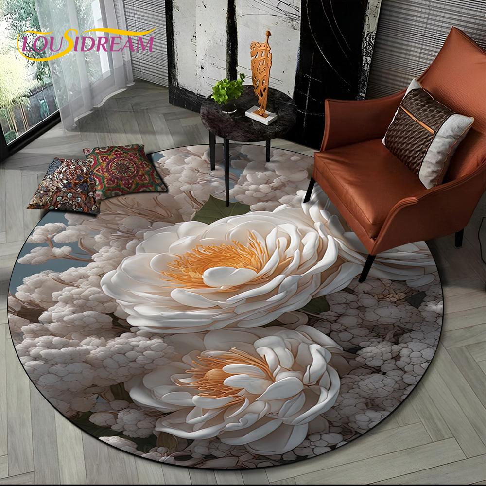 Luxuriöser Sonnenblumen 3D Rosen Nordische Gänseblümchen Runder Teppich Teppich für Wohnzimmer Schlafzimmer Sofa Dekor, Kinderbereich Teppich Rutschfeste Bodenmatte Geschenk