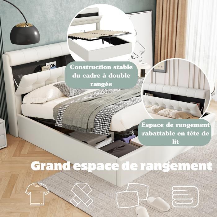 Lit - MUVOE - 140x190 - Lit hydraulique - Rangement caché - Design moderne blanc