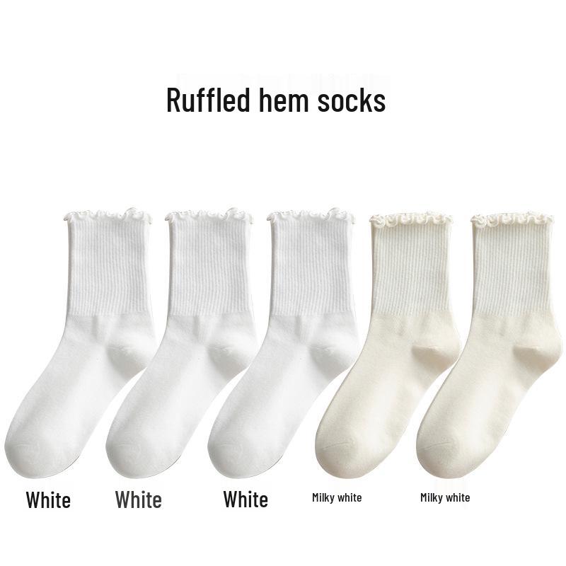Women's Mid-Calf Ruffle Lace Socks, Coffee Color, Japanese/Korean Style, Cute Solid Color, Versatile and Girly for Spring/Fall.