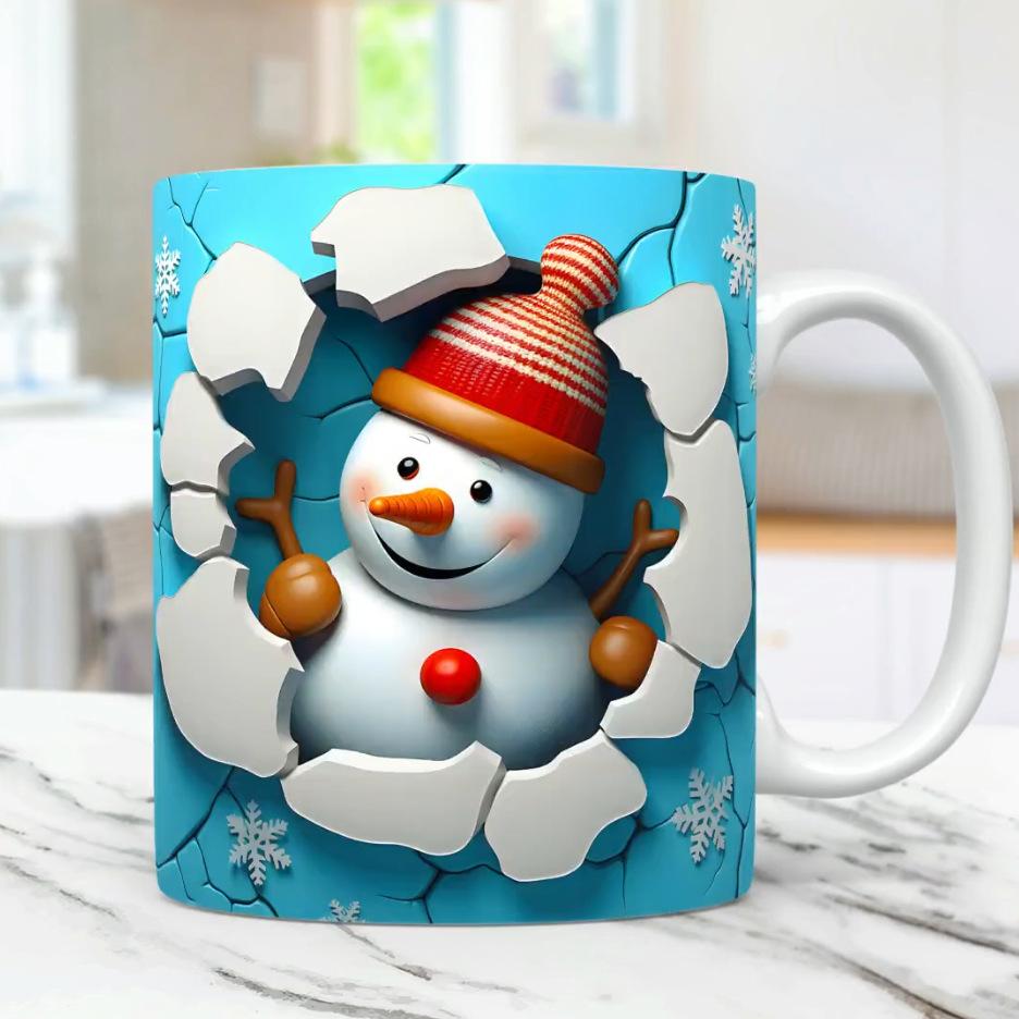 3D Christmas Ceramic Coffee Mug Tea Cup Snowman Flower Snowflake