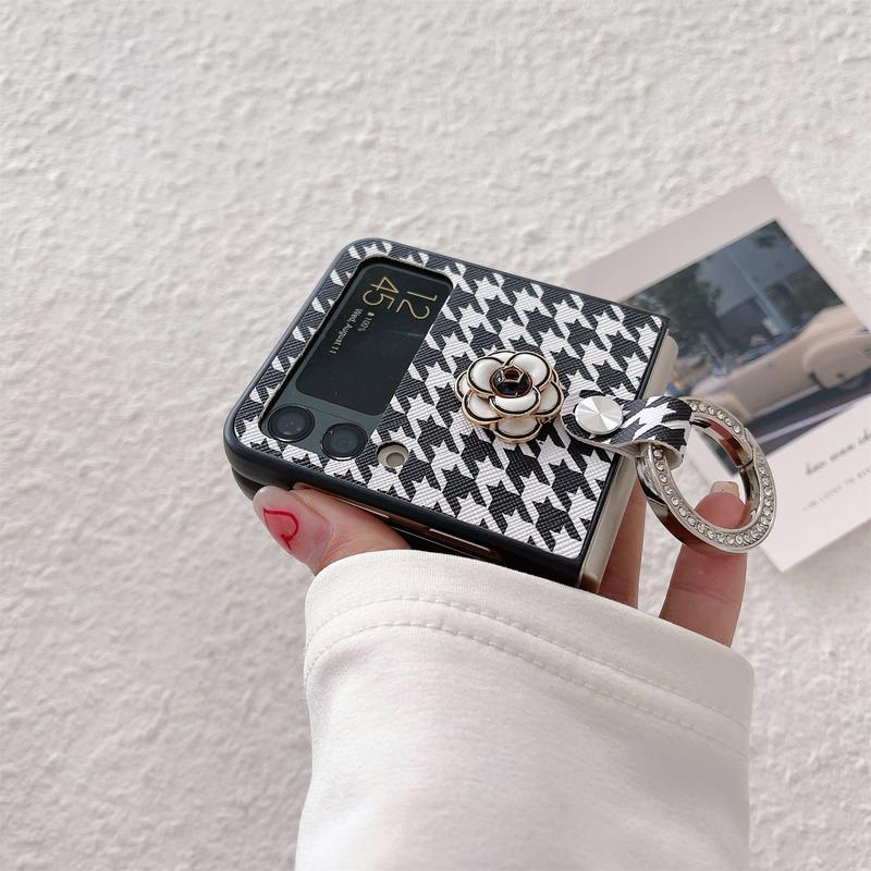 Stylish Luxury Cute 3d Camellia Houndstooth Pu Leather Phone Case For Samsung Galaxy Zflip4 Z Flip 3 5g With Portable Ring Cover