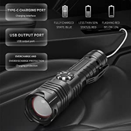 USB Rechargeable LED XHP99 8000 Lumens Tactical Flashlight with 4 Modes of Stepless Powerful Handheld Torch Light for and Emergency Situations