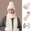 3Pcs/Set Winter Hat Scarf Gloves Set Solid Color Windproof Plush Ball Hat Neck Warmer Touch Screen Gloves Set