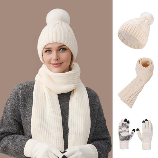 3Pcs/Set Winter Hat Scarf Gloves Set Solid Color Windproof Plush Ball Hat Neck Warmer Touch Screen Gloves Set