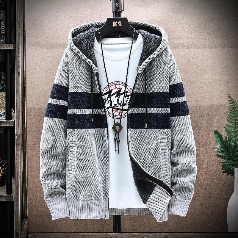 2026 New Men's Hooded Striped Knitted Jacket Fleece Thickened Chenier Cardigan Casual Warm Sweater