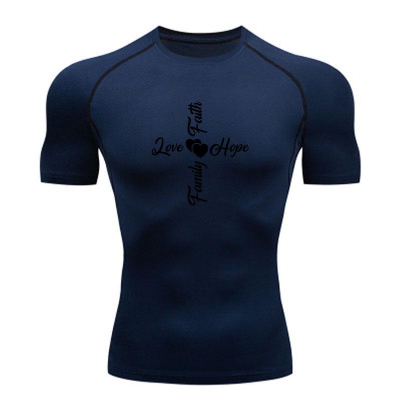 Men's Compression Workout Sports T-Shirt, Faith Hope Love Family Heart Cross Pattern Quick Dry Athletic Gym Active Top for Running Training