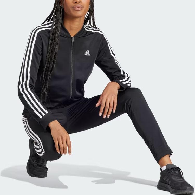 Adidas Essentials 3-Stripes Colorblock Long Sleeve Track Jacket and Pants Set Women Tracksuit Black IJ8781