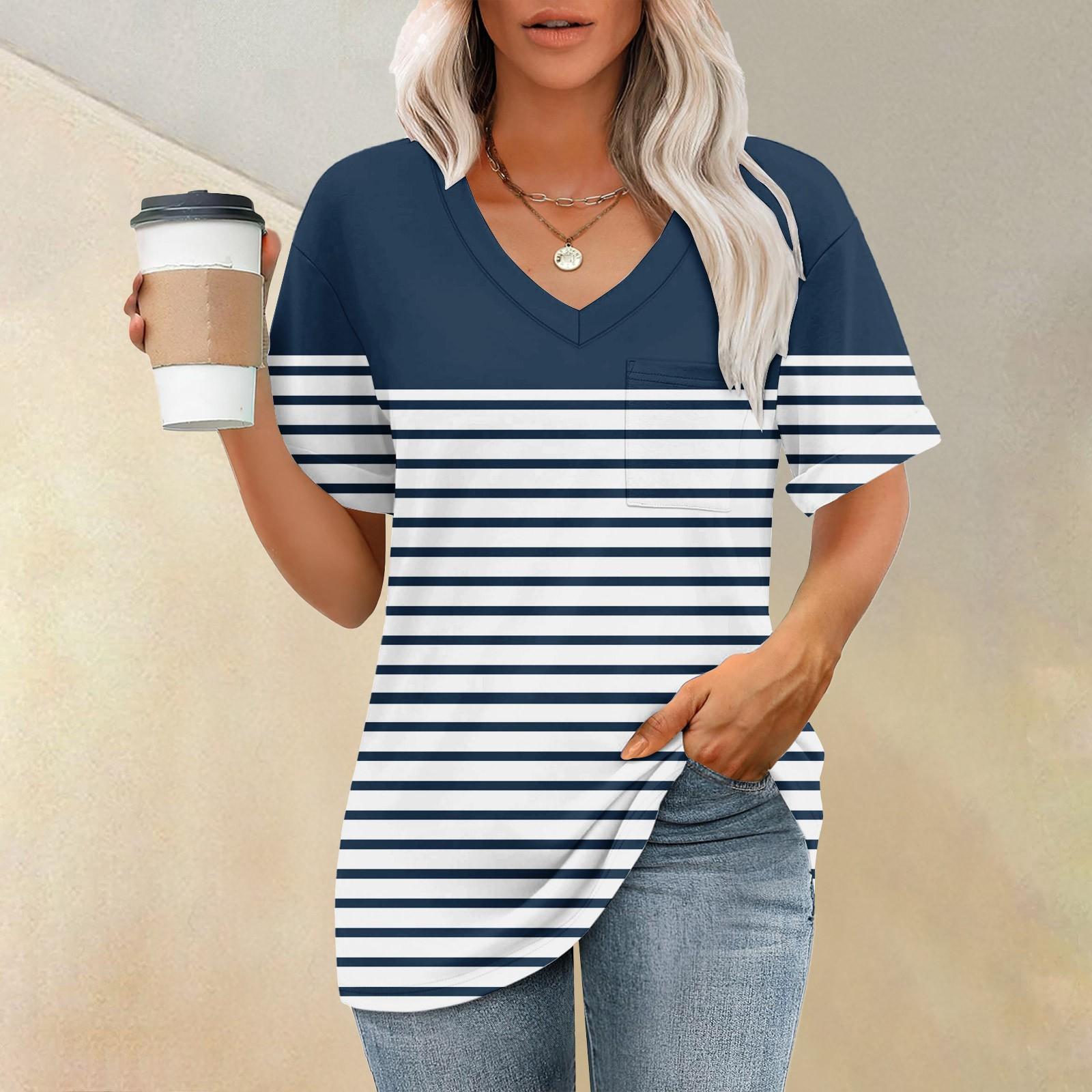 

Модный топ с карманом, V-образным вырезом, коротким рукавом, полосатым принтом, футболка XL арбуз красный