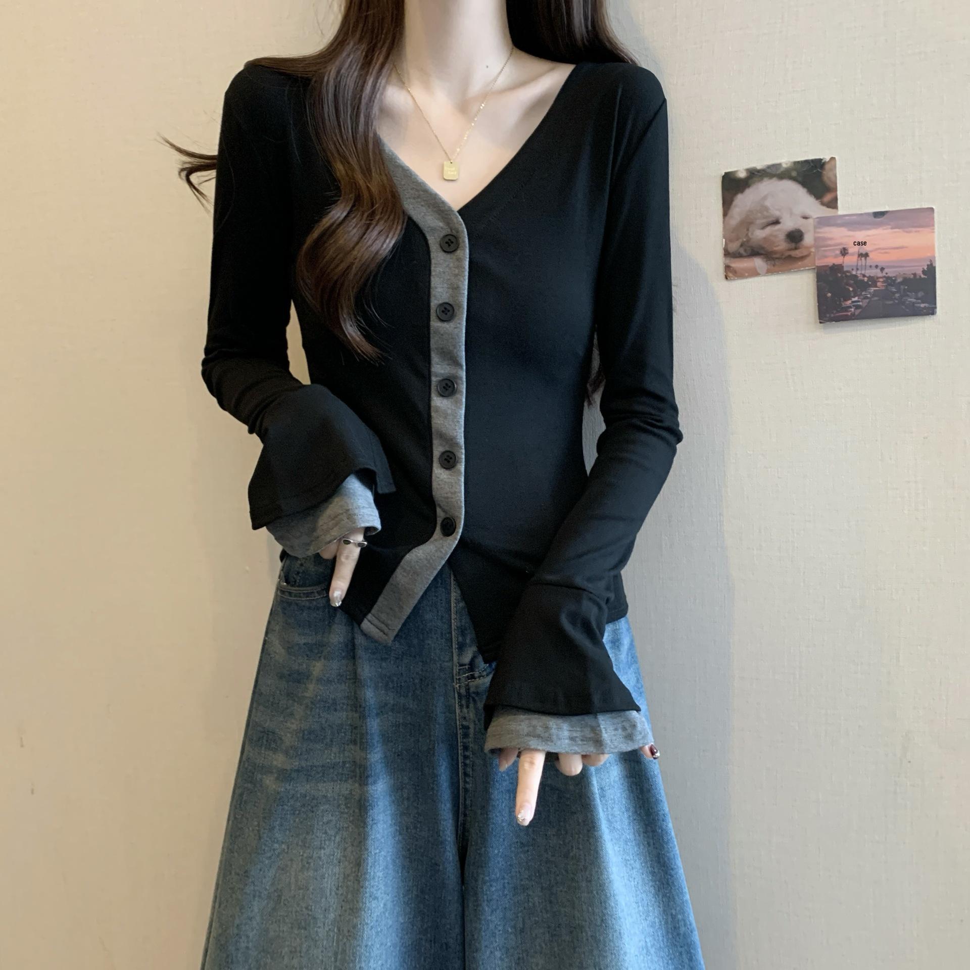 

Women s European Style Slimming V-Neck Long-Sleeve T-Shirt | Plus-Size Spring/Autumn 2026 Top 3XL