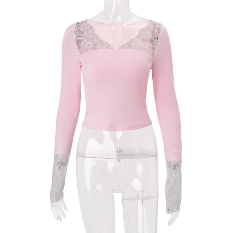 2026 Womens Sexy Lace Patchwork Slim Fit Long Sleeve T-Shirt Street Style Crop Top Daily Wear