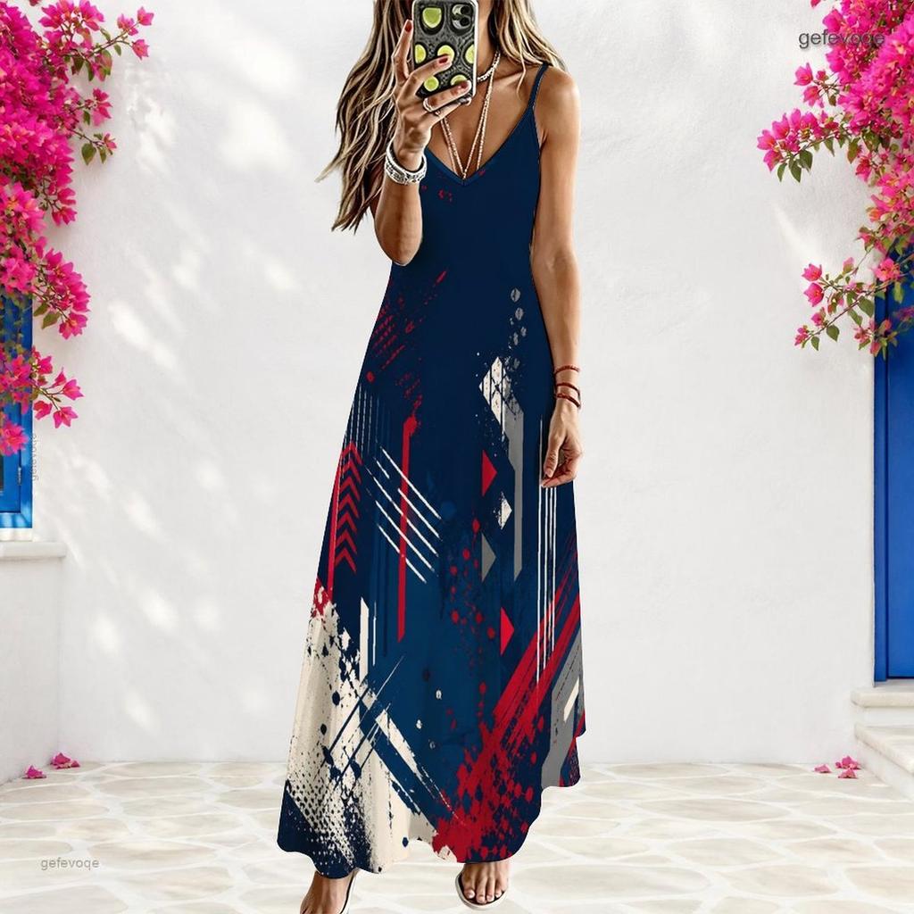 Women Plus Size Off Shoulder V Neck Strappy Sleeveless Star Printed A Line Long Dress
