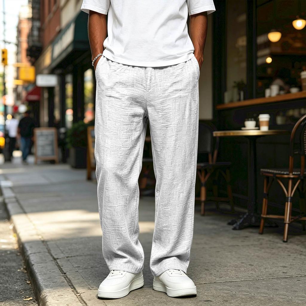 Men's Cotton Linen Casual Pants with Pockets Color Breathable Trousers for Summer