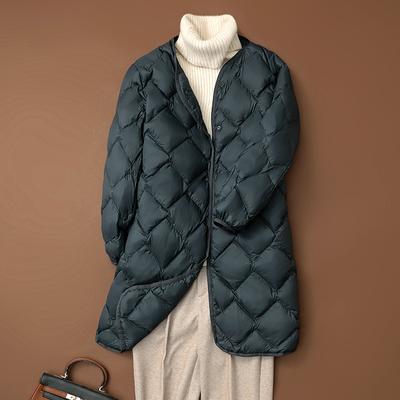 Women's Fall and Winter Medium-length Light Down Jacket Solid Color V-neck Single-breasted Jacket