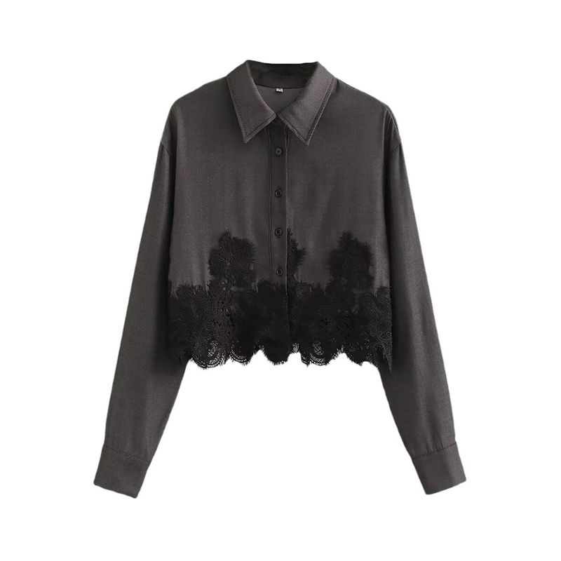 

Kaslead New Arrival Women s Fashion Style Stylish Simple and Versatile Imitation Denim Patchwork Lace Long-Sleeved Shirt Dark gray L