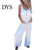 Suspenders Jumpsuit Summer Women V Neck Sleeveless Loose Wide Leg Button Decor Pure Color Deep Crotch with Side Pockets Casual Vacation Homewear