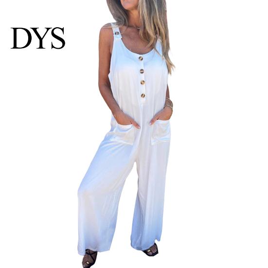 Suspenders Jumpsuit Summer Women V Neck Sleeveless Loose Wide Leg Button Decor Pure Color Deep Crotch with Side Pockets Casual Vacation Homewear