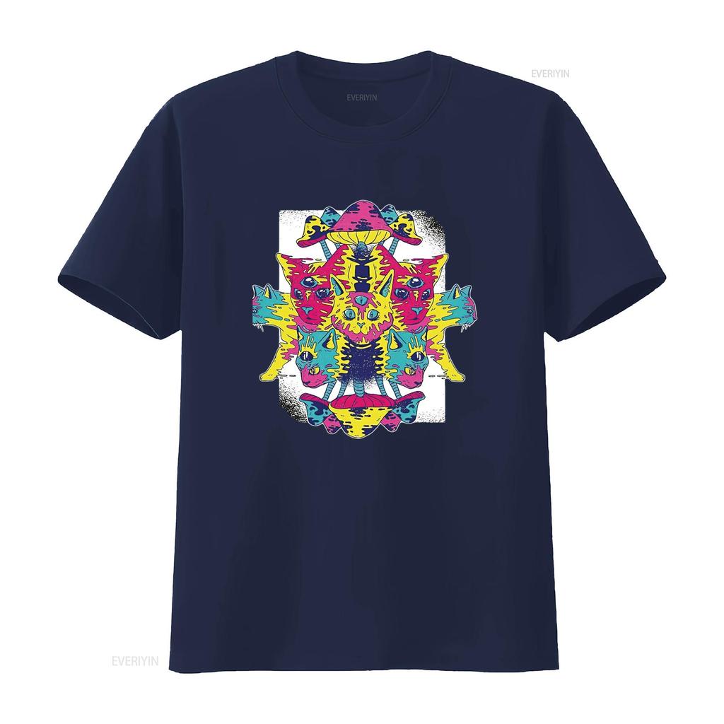 Herren Ideen für Katzenliebhaber Psychedelische Kätzchen und Pilze Design Schwarz Mehrfarbig T-Shirt vintage Gewaschen Dehnbar Stilvoll
