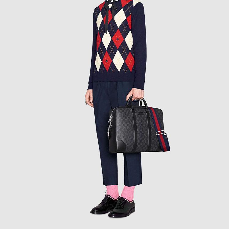 Gucci Vintage Logo Stripe Webbing Canvas And Leather Briefcase Men Bags Black 474135-K5RLN-1095