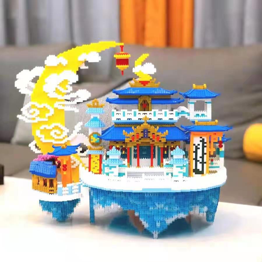 China Mythological Architecture Micro Daimond Block Moon Palace Building Brick Construction Toy Nanobrick Collection With Light