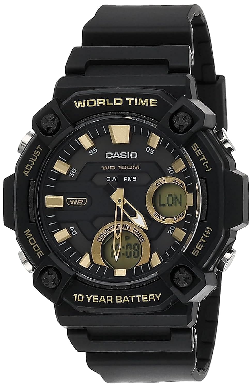 

Часы Casio World Time с таймером обратного отсчета, цифровые, 10-летние, аналогово-цифровые (Модель AEQ-120W-9AV), Черный, чёрный