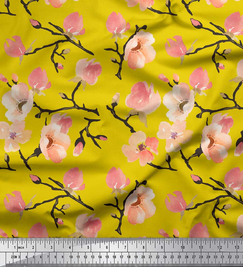 

Тканина Soimoi Red Poly Crepe Тканина з квітами персика і аквареллю на метрі 42 дюйми 42 Inch Wide - Poly Crepe жовтий