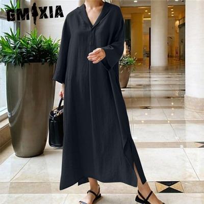 Women's Fashion Summer Spring Solid Color Print Long Sleeve V-Neck Casual Dresses