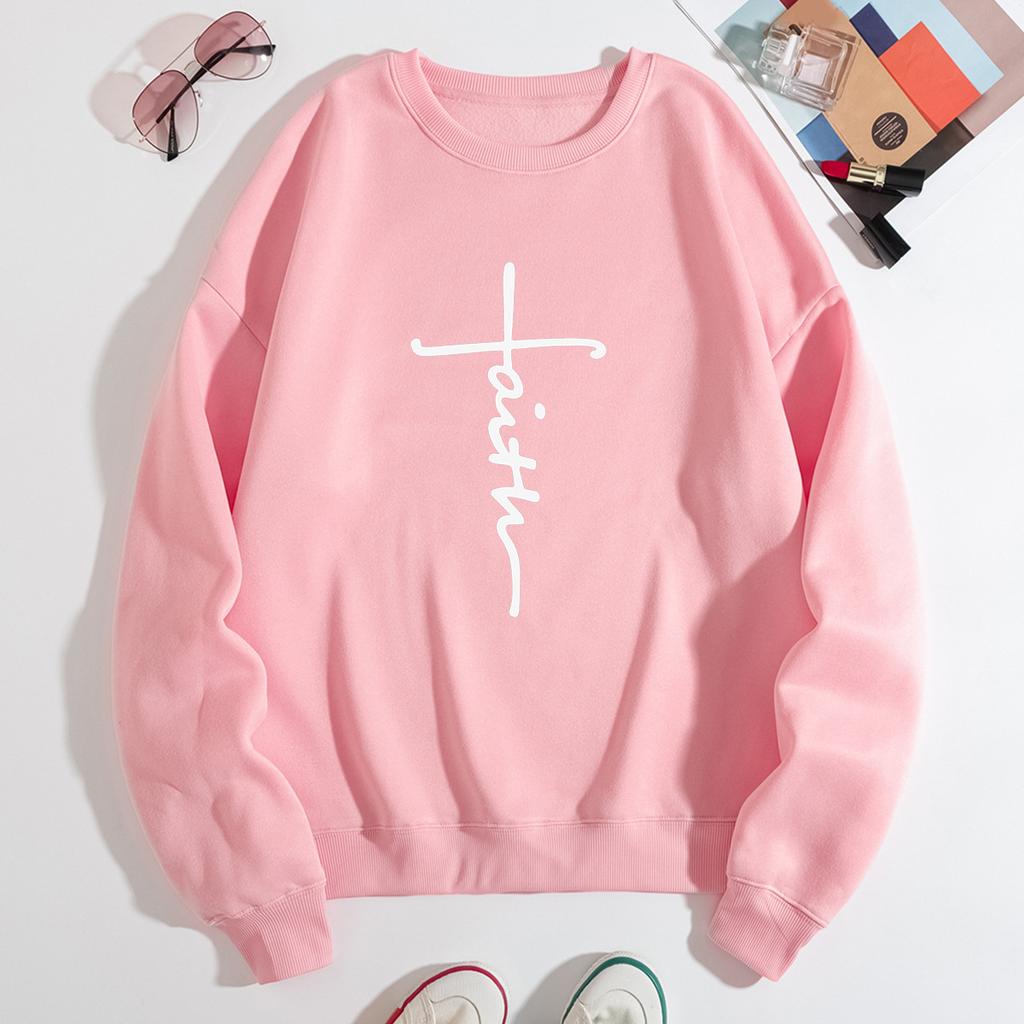 Autumn Letter "Faith" Cross Printed Hoodies Fashionable Casual Sports Long Sleeved Women's Hoodies