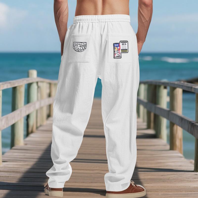 Spring Summer Linen Casual Pants Men Drawstring Loose Hip Hop Beach Trousers Man Lightweight Print Straight Full Length Pants