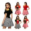 Women Circus Costume Striped Dress Stand Collar Short Sleeve Cutout Front Tassel Epaulet Metallic Trim for Halloween Cosplay Stage Performance