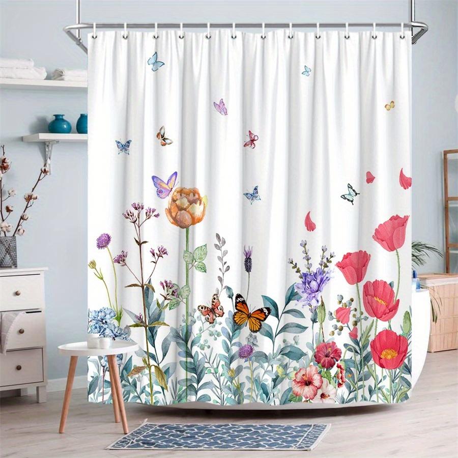 1 Bright Watercolor Floral Shower Curtain - Whimsical Garden Design Of Irises And Butterflies, With Hooks, Machine Washable