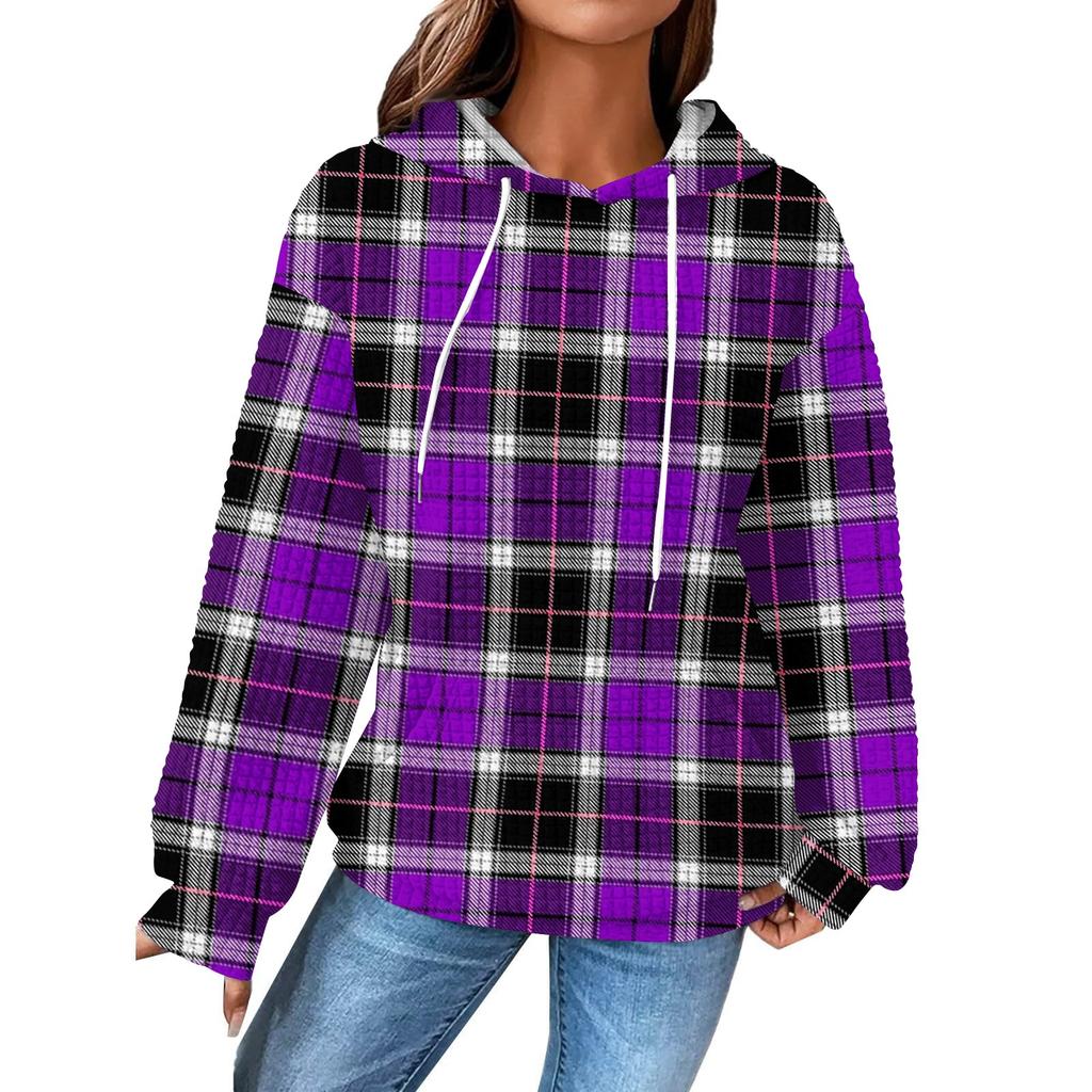 Women's Fashion Loose Hooded Pullover Long Sleeve Plaid Sweatshirt with Drawstring Drop Shoulder and Pocket Print Top