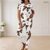 Women Plus Size V Neck Short Sleeve Leopard Christmas Tree Print White Pajama Set