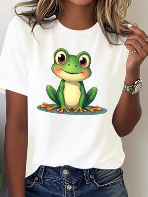 Women's Casual Green Frog Graphic T-Shirt Soft Crew Neck T-Shirt Cartoon Frog Graphic Short Sleeve Lightweight Casual Outfit Y2K