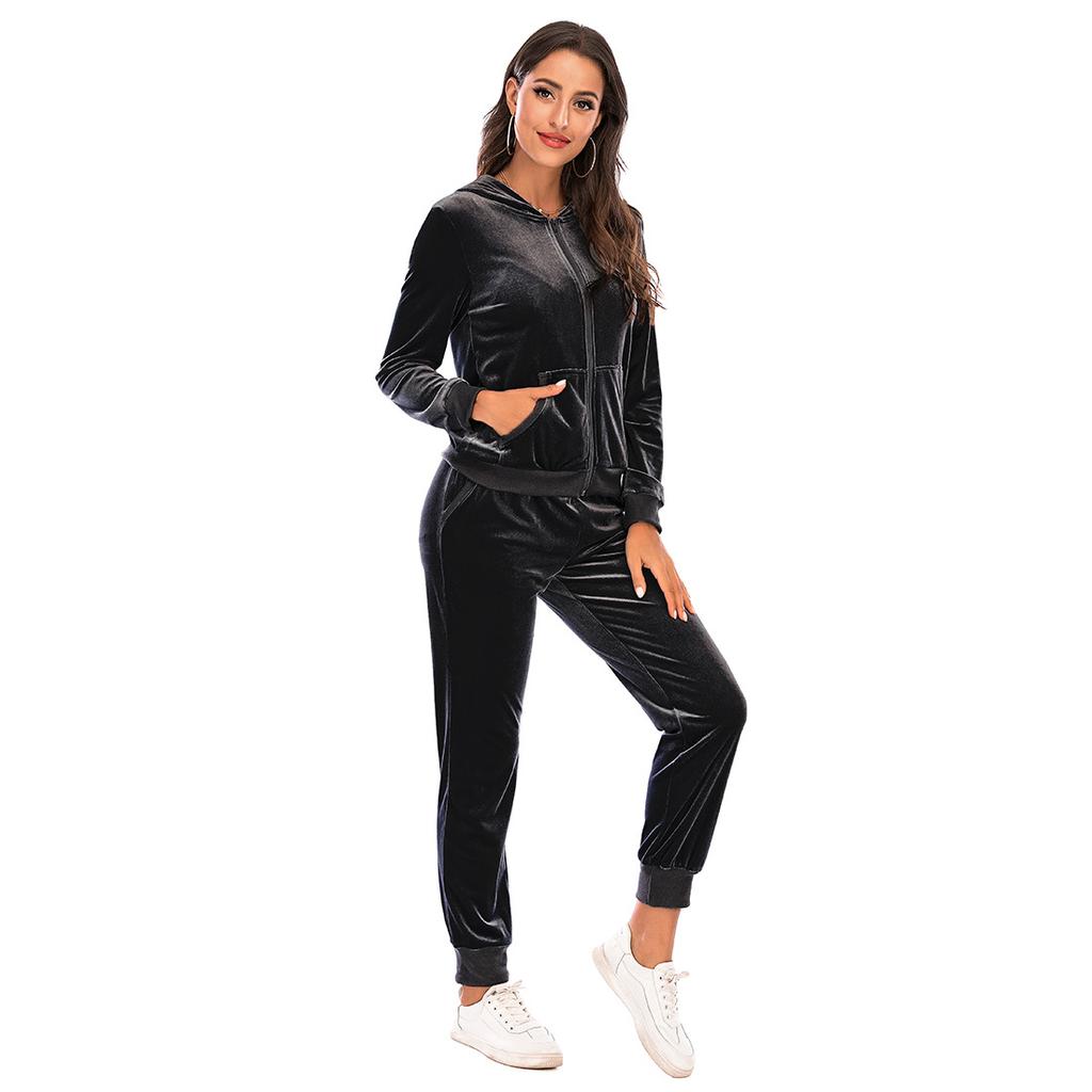 Damen Winter Warm Samt Stretch Lounge Jacke Oberteil und Hose Set mit Reißverschluss Sport Trainingsanzug Herbst Sportbekleidung