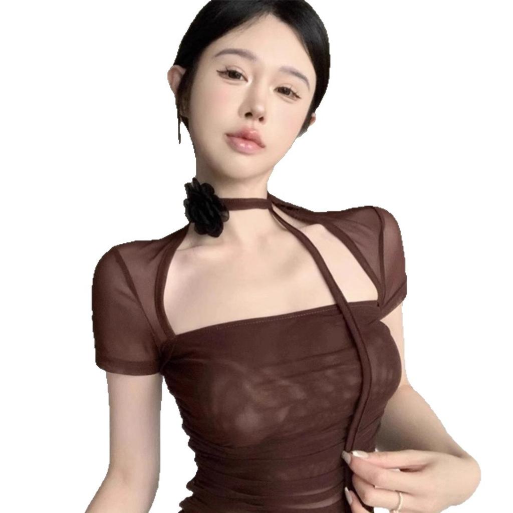 New Summer Mesh Square Neck Short Sleeve Neck Slim Skinny Bottom Shirt Front Shoulder T-Shirt Top Women's Clothing