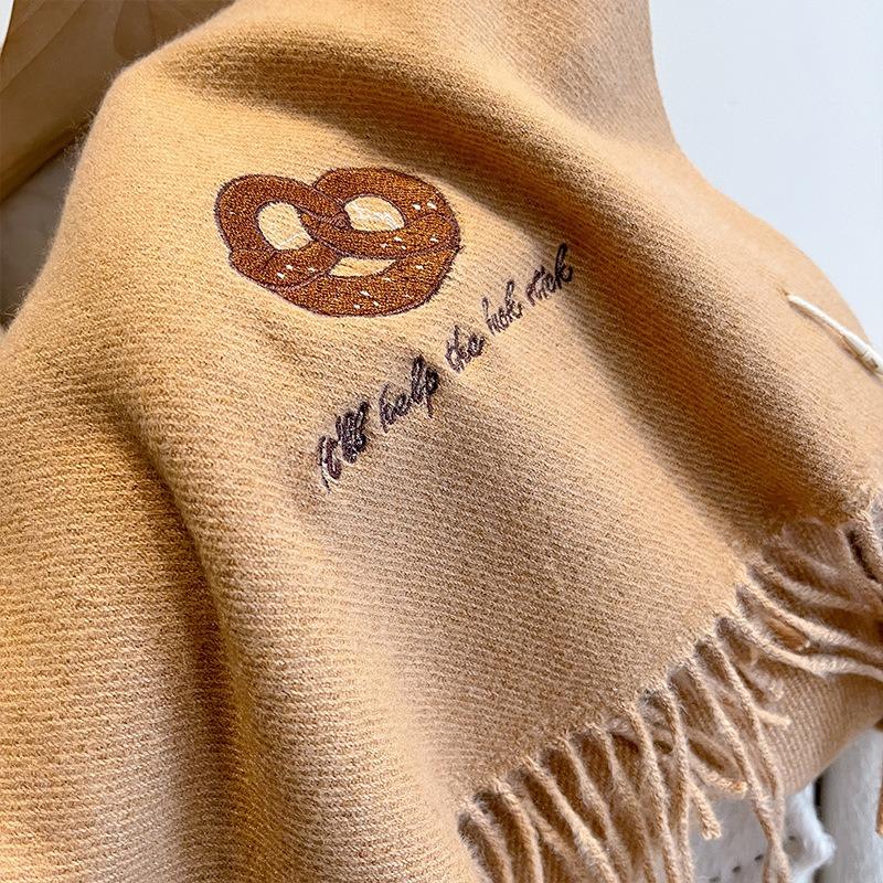 New Autumn and Winter Scarf Women's Imitation Cashmere Embroidered Scarf Men's Warm Couple Versatile and Cute Student
